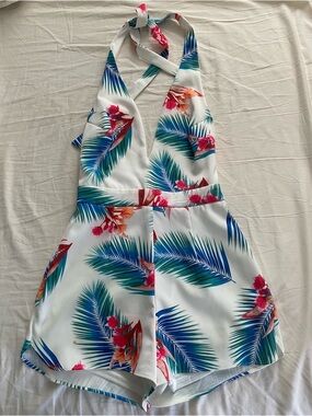 Blithe Los Angeles White Tropical Floral Halter Romper